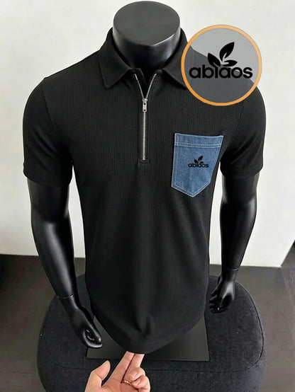 European and American style men's waffle half zip polo shirt denim contrasting pocket short sleeved popular foreign trade item