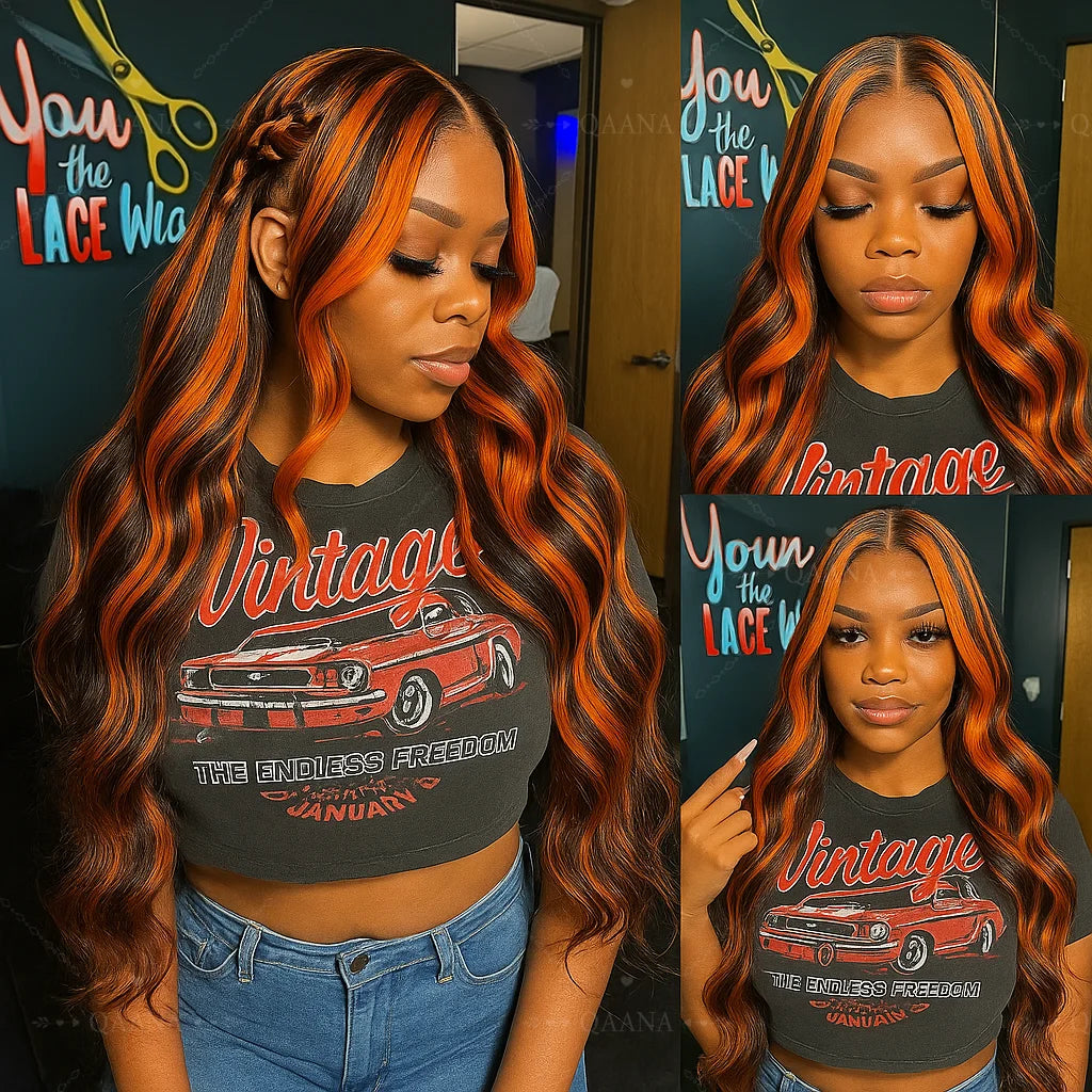 200% Ginger Brown Highlight Wig Human Hair Body Wave Pre Plucked Lace Front Wigs Ombre Ginger Orange Colored 5x5 Glueless Wigs