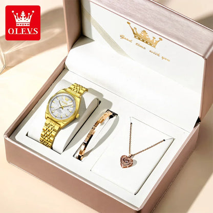 OLEVS New 3703 Watches Woman Elegant Quartz Watch Waterproof Luminous Stainless Steel Date Watches Woman Bracelet Gifts Box