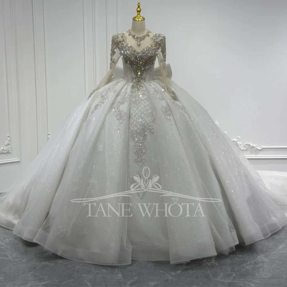 Luxury Wedding Dress With Long Sleeves Crystal Sequined Bow Keyhole Back O-Neck Lace-Up Ball Gown For Women