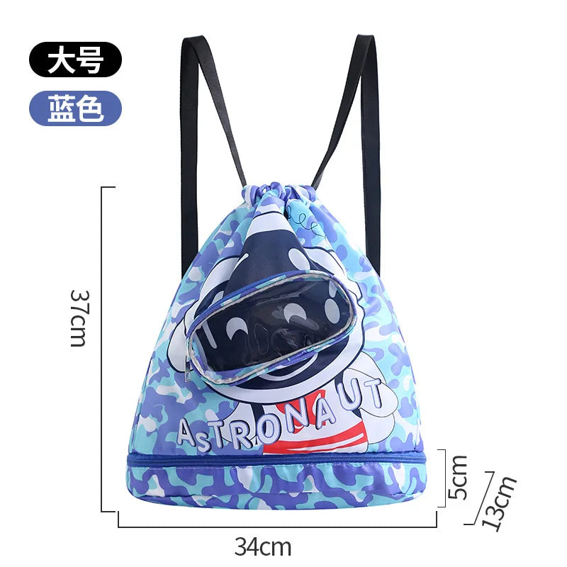 Portable Kids Swimming Bag Waterproof Dry Wet Separation Backpack with Cartoon Print, Essential Organizer for Children's Sports