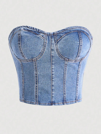 European style plunging neck denim spring new style sexy and intense allure fitted waist shaping design