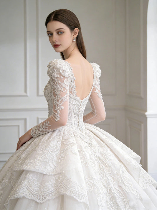 Luxury Crystal A-line Lace Bead Princess Wedding Dress Sexy Sweetheart Long Sleeve Robe De Mariée Bridal Gown Customized