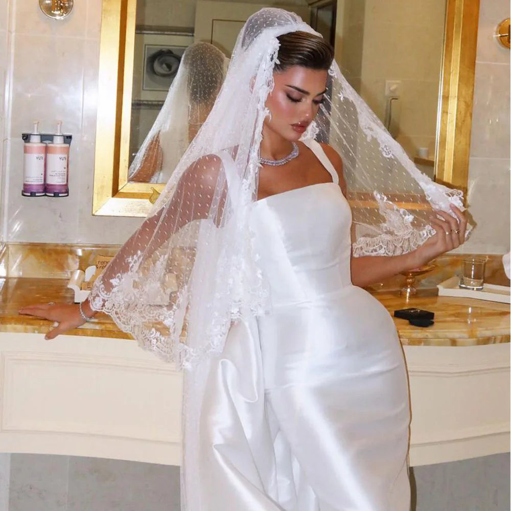 Customized Square Neck Straight Wedding Dresses White Satin Ankle Length Bride Dress with Detachable Train Church Robe De Mariag