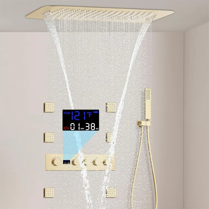 Brass Brushed Gold Digital Display Thermostatic Shower System Rainfall Shower Faucet  Bathroom Shower Faucet with Body Jets