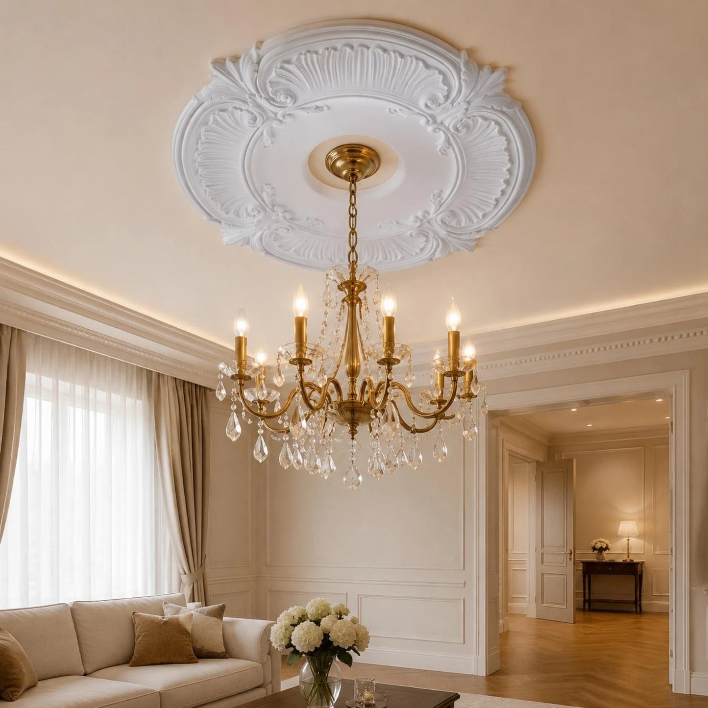 Round PU Ceiling Medallion Scroll Decorative Ceiling Medallion Light Plate Lightweight Trim Collar Easy to Install