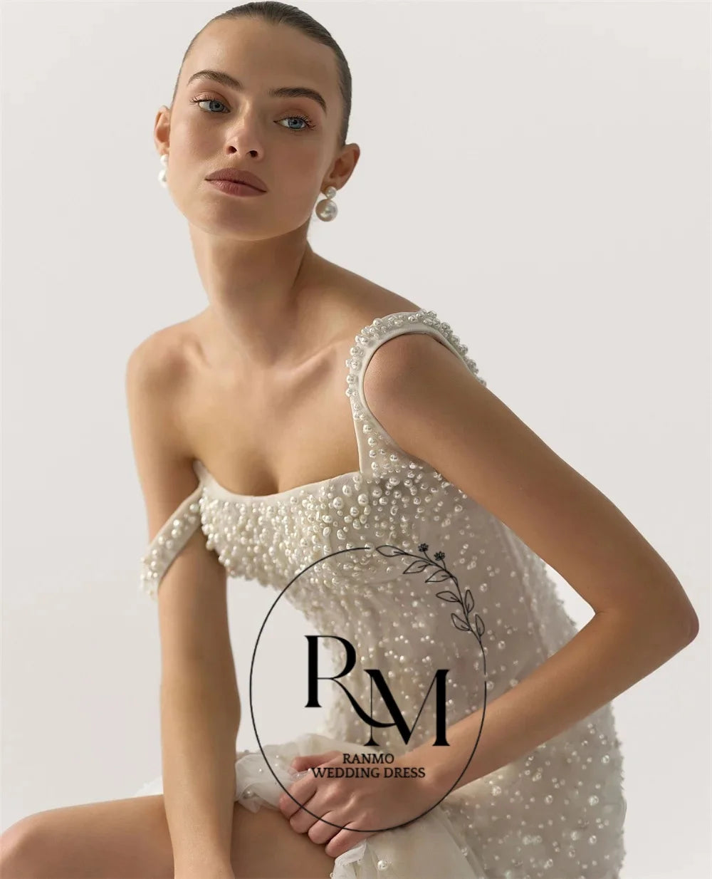 Ranmo Fashion Lace Wedding Dress Woman's Mermaid Bridal Gowns Spaghetti Strap Pearls Court Train Customized  Vestidos De Novia