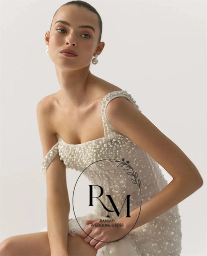 Ranmo Fashion Lace Wedding Dress Woman's Mermaid Bridal Gowns Spaghetti Strap Pearls Court Train Customized  Vestidos De Novia