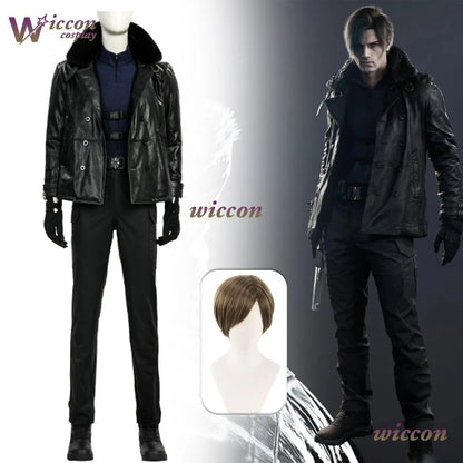 Kosplay Requiem Resident Cos Evil Leon·S·kennedy Cosplay Leon Cosplay Costume Pu Coat Full Set Party Uniform Hallowen Play Role
