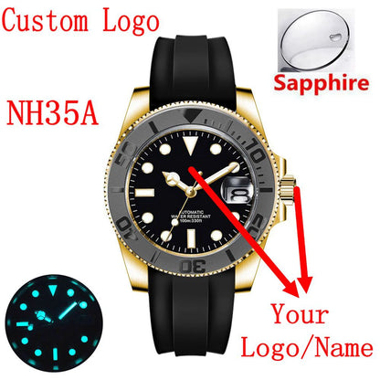 Custom logo 40mLuxury NH35/ Miyota Automatic Mechanical Wristwatch MenYacht Watch Clock Ceramic Bezel Two Tone Gold Rubber Band