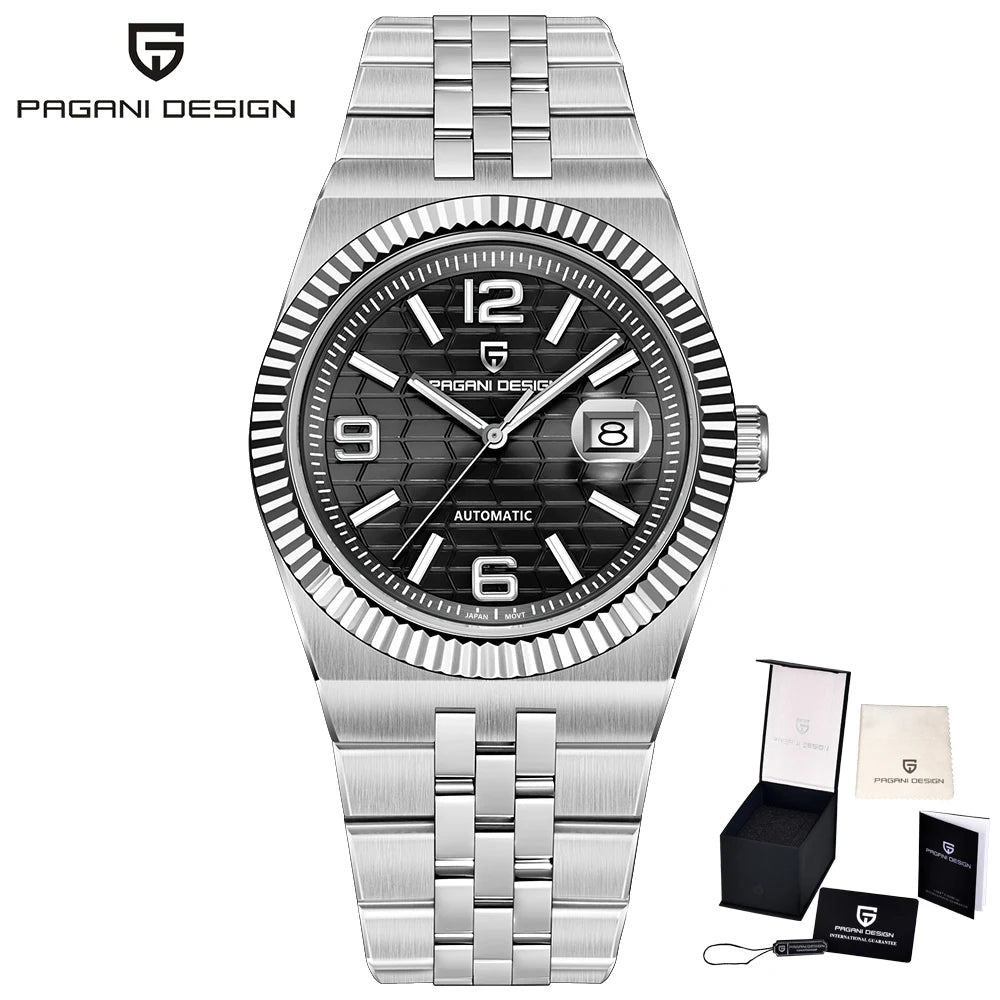 PAGANI DESIGN Business Men's Mechanical Automatic Watch Stainless Steel Waterproof Honeycomb Dial Luminous Gift Men's Watch+Box