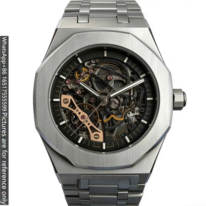 42mm Streamlined Modern Mens Luxury Watches Matte Solid 904L Steel Automatic Movement Open Skeleton Dial Wear Resistant Long