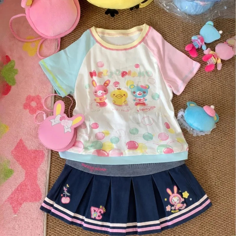 Girls Slim Subculture Two Piece Outfits Y2K Kawaii Japanese Printed Short Crop Tops Mini Skirts Vacation Vintage Casual Sets