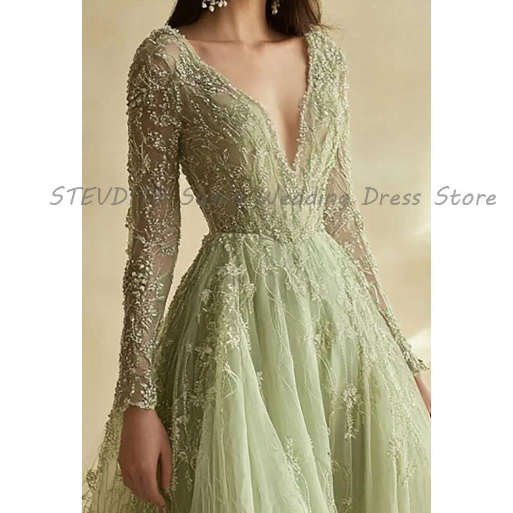 Exquisite Evening Dresses Women V Neck Floor Length Long Sleeves High Quality Alliques Banquet Party Prom Female Gowns Pastrol