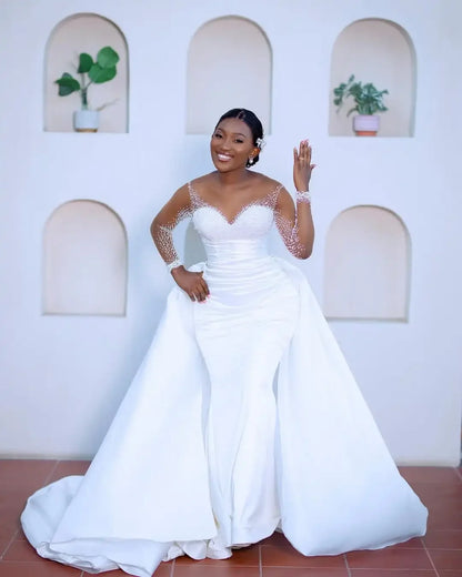 African White Mermaid Wedding Dress Sexy Transparent Illusion Long Sleeve Bridal Dress Beaded Pleat Detachable Tail Customized