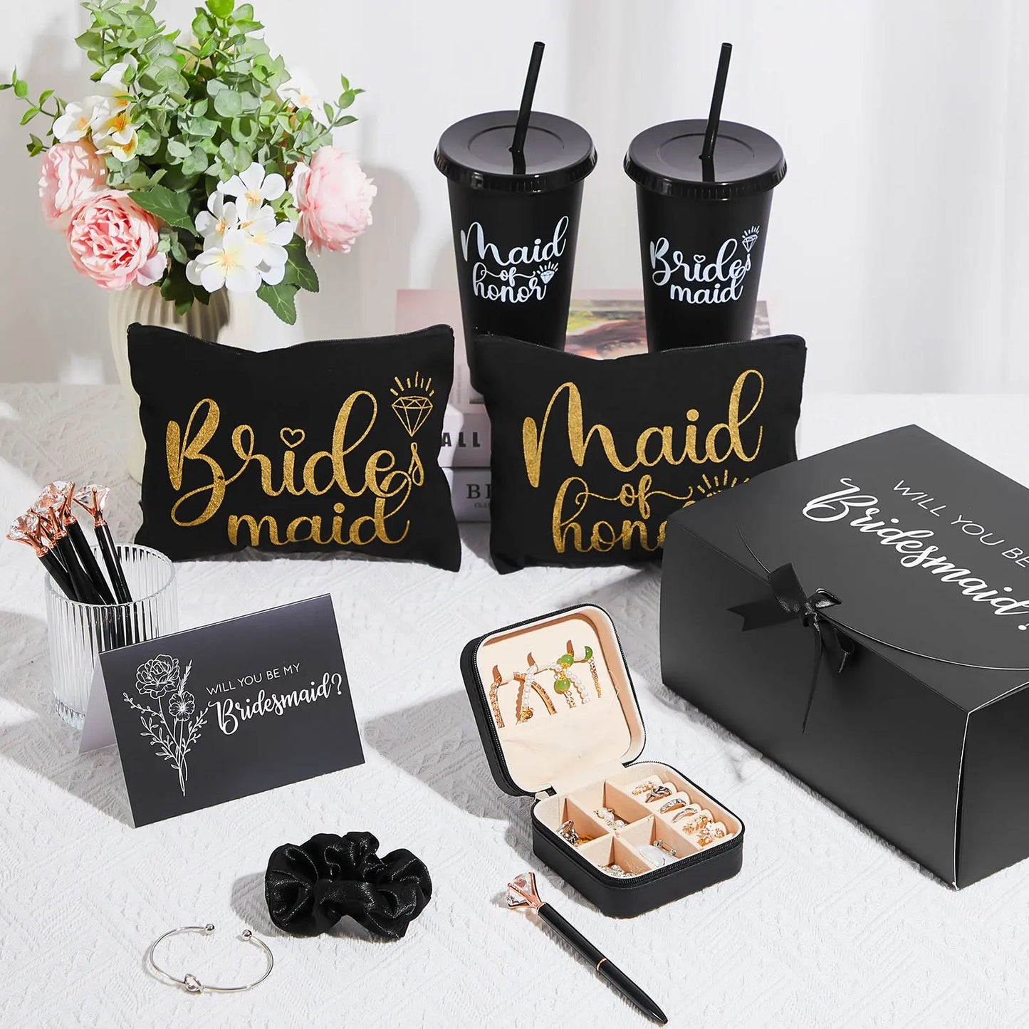 48pcs Bridesmaid Proposal Gifts Set | Maid of Honor Gifts Set from Bride Will You Be My Bridesmaid Gift Box, 24 oz Tumbler, Bridal Bachelorette Party Presents for Bridesmaids Wedding (Black)