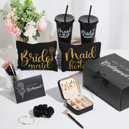 48pcs Bridesmaid Proposal Gifts Set | Maid of Honor Gifts Set from Bride Will You Be My Bridesmaid Gift Box, 24 oz Tumbler, Bridal Bachelorette Party Presents for Bridesmaids Wedding (Black)