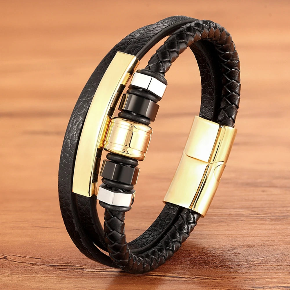 XQNI Luxury Vintage Multilayer Leather Men Bracelet Bead Bracelet Stainless Steel Charm Jewelry Male Wrist Bangle Birthday Gift