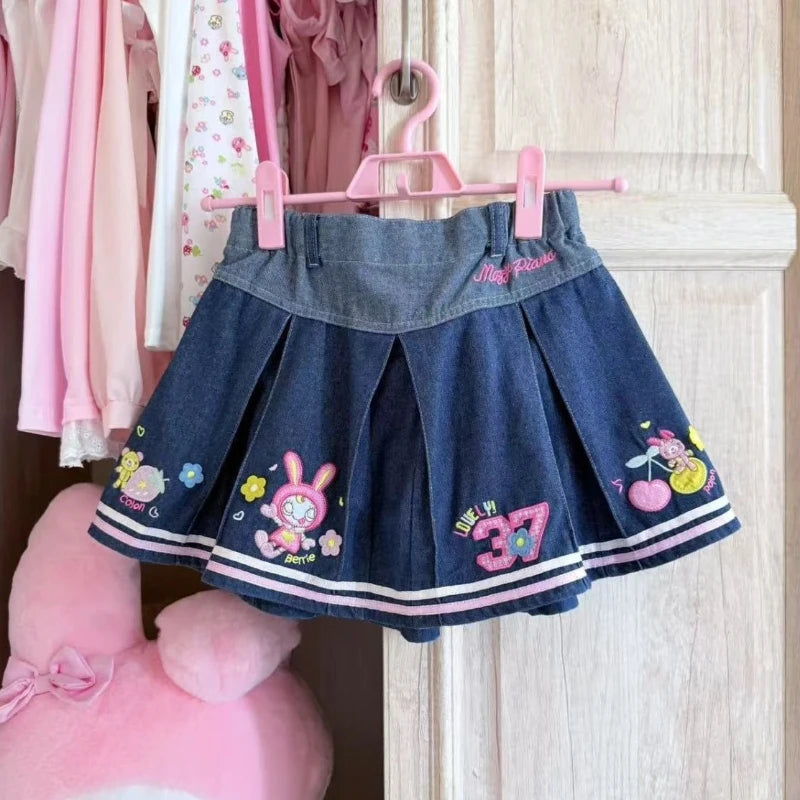 Girls Slim Subculture Two Piece Outfits Y2K Kawaii Japanese Printed Short Crop Tops Mini Skirts Vacation Vintage Casual Sets