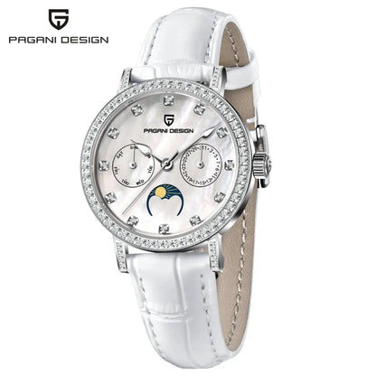 PAGANI DESIGN Women Quartz Watch Mop Dial Diamond Bezel Moon Phase Week Date Multi-function 50M Waterproof White Leather watch