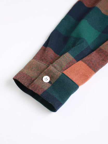 Men's Retro Orange Green Plaid Flannel Shirt Spring Fall Loose Casual Button-Down Jacket