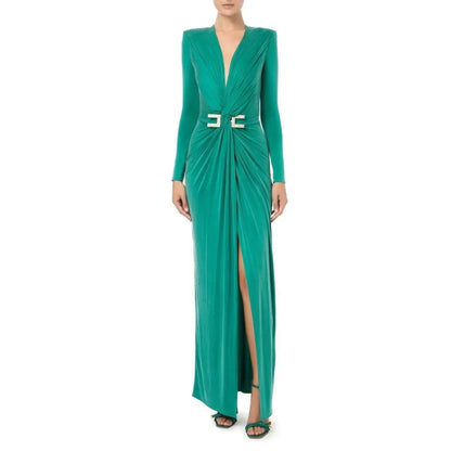 customized V Neck Women Evening Dresses 2025 Party Dresses With Slit Sheath Pleated Floor Length Prom Dresses robes de soirée فس