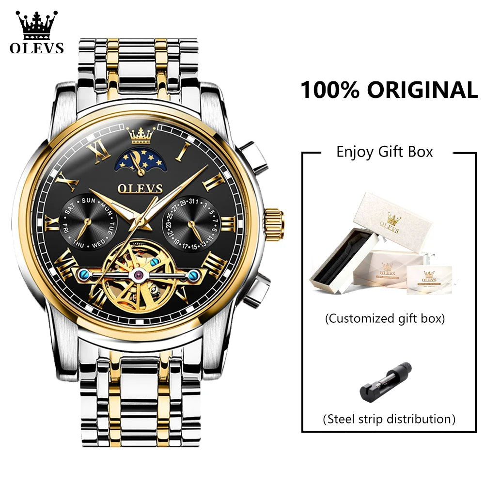 OLEVS 6617 Men's Classic Mechanical Watch Waterproof Business Stainless Steel Strap Watch  Sun And Moon 30M Waterproof Watch