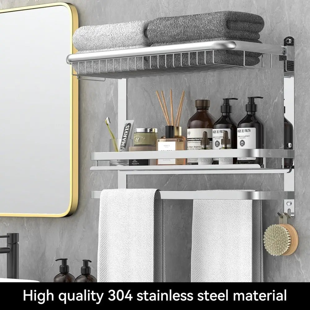 23.22 Inch Wall-Mounted Stainless Steel Towel Bar with Shower Shelves, No Drilling Required (Silver)