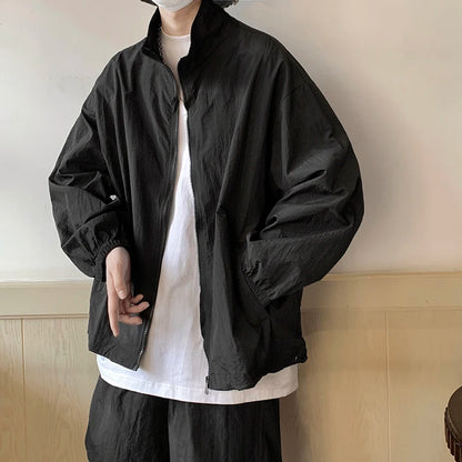 Men's Outdoor Summer Hiphop Sports Suit Casual Loose Sun Protection Thin Zipper Jacket with High Street Shorts Two-Piece Set