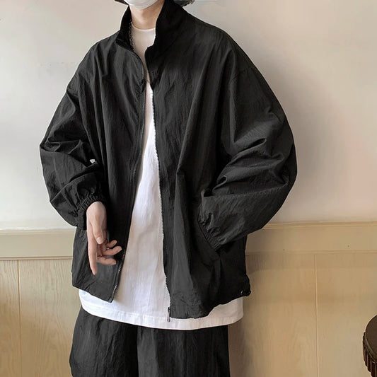 Men's Outdoor Summer Hiphop Sports Suit Casual Loose Sun Protection Thin Zipper Jacket with High Street Shorts Two-Piece Set