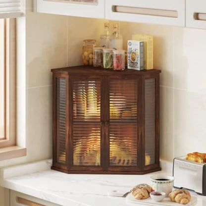 Corner bread box Bread Box for Kitchen Countertop - Corner Bread Storage Box 16.5" H, Premium Wood with Glass Door, Perfect for
