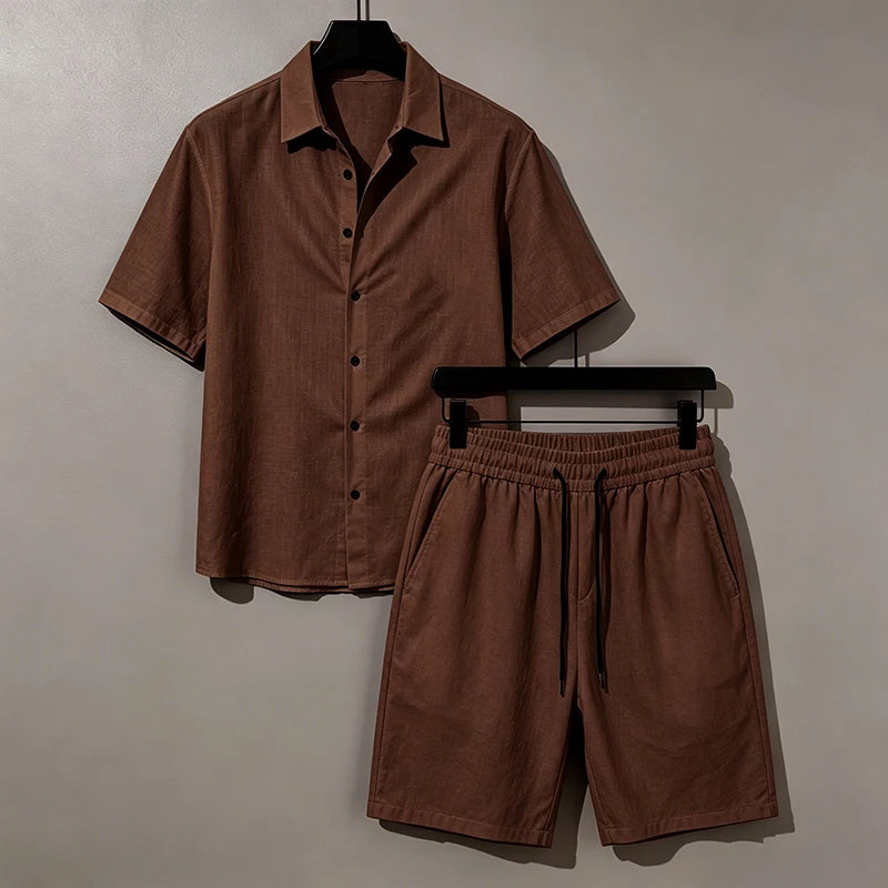 Men Linen Two Piece Outfit Short Sleeve Lapel Button Shirt Elastic Drawstring Shorts Summer Daily Seaside Vacation Casual Set