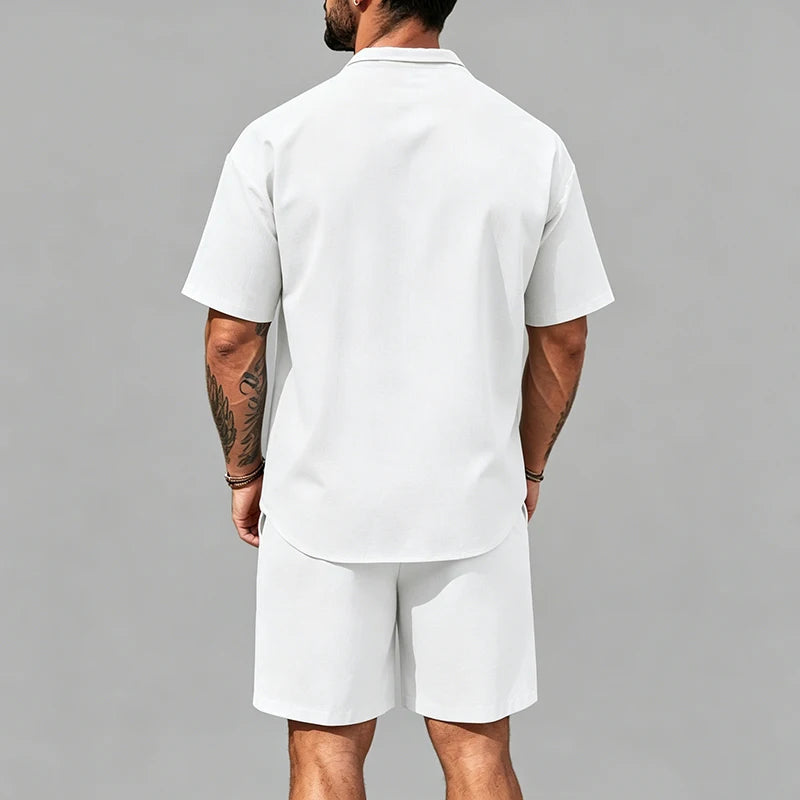Men Linen Two Piece Outfit Short Sleeve Lapel Button Shirt Elastic Drawstring Shorts Summer Daily Seaside Vacation Casual Set