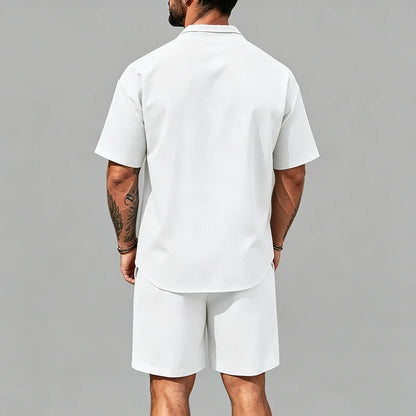 Men Linen Two Piece Outfit Short Sleeve Lapel Button Shirt Elastic Drawstring Shorts Summer Daily Seaside Vacation Casual Set