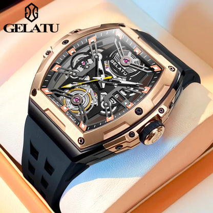 GELATU Men's Watches Trend Fashion Hollow Out Self-winding Automatic Mechanical Wristwatch Sapphire Mirror Waterproof Luminous