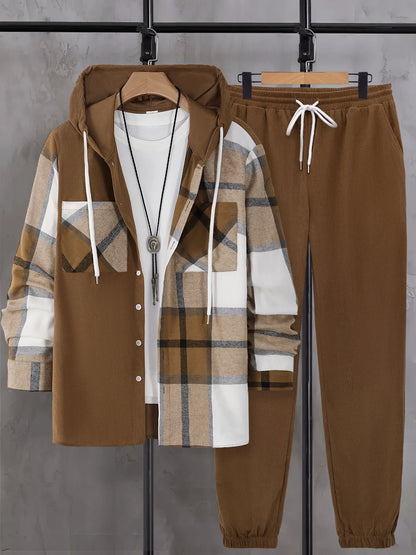 Men's Autumnal Hooded Set with Plaid Patchwork Jacket Drawstring Trousers Trendy Three-Piece Ensemble