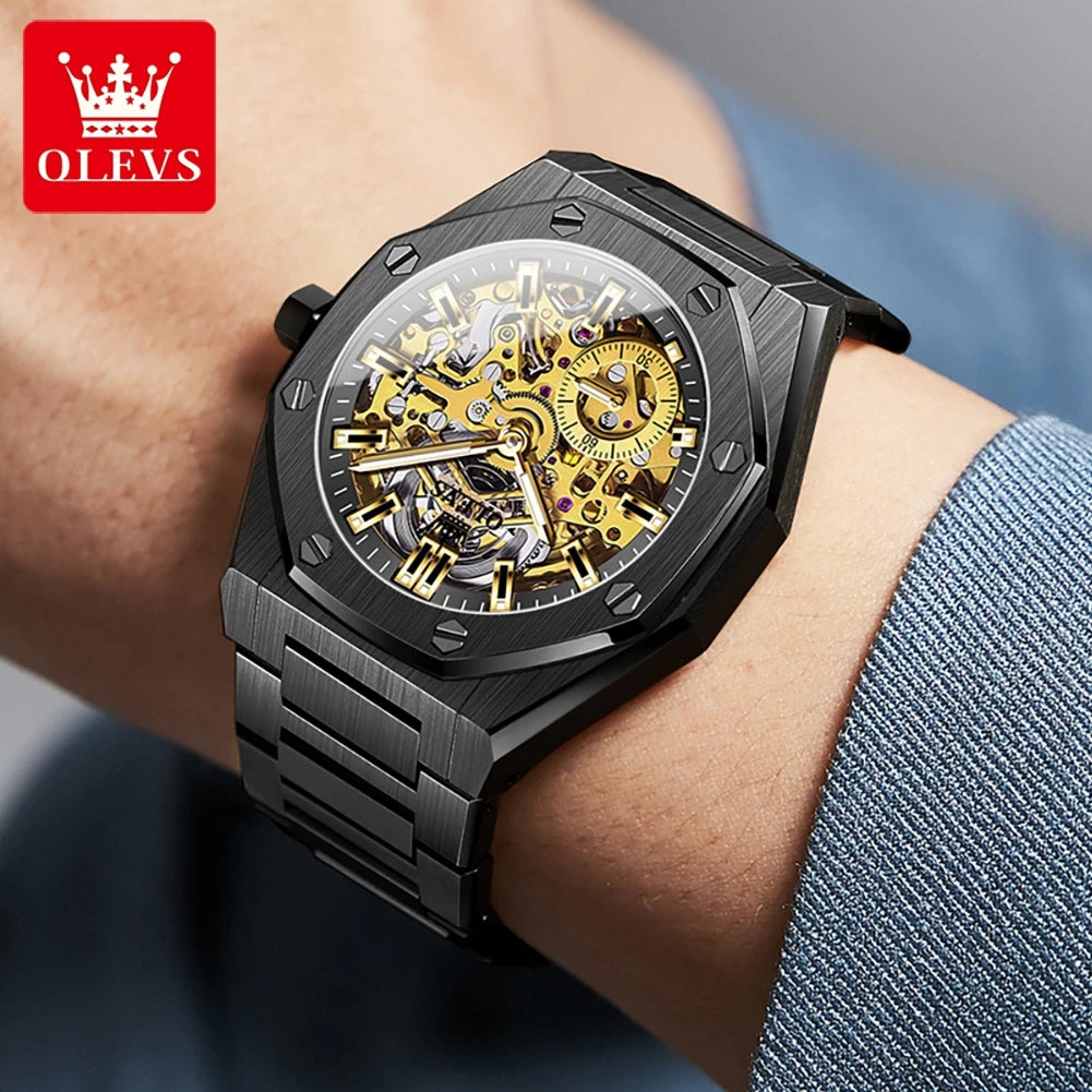 OLEVS 6669 Fully Hollow Men's Watch Octagonal Bezel Luxury Automatic Mechanical Watch Men's 30M Waterproof Man Wristwatches