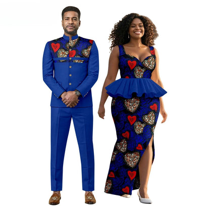 New African Print Men's Suit, Wax-dyed Couple Set, Women's Dress + Men's Suit  Women Clothing