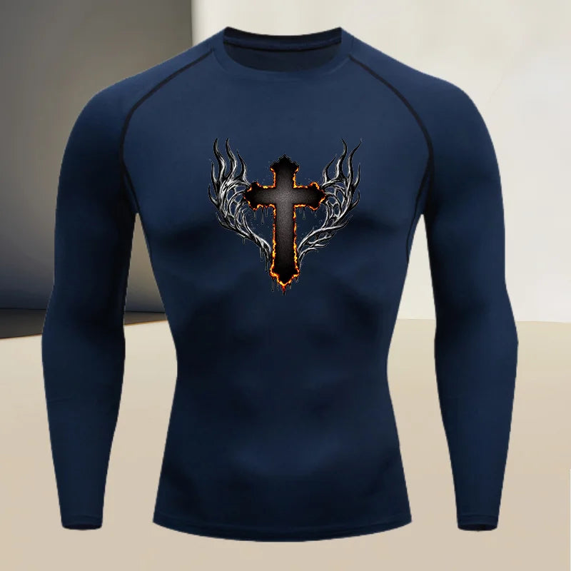 Men's round neck quick drying compression long sleeved printed top - a must-have for high stretch fitness and outdoor sports