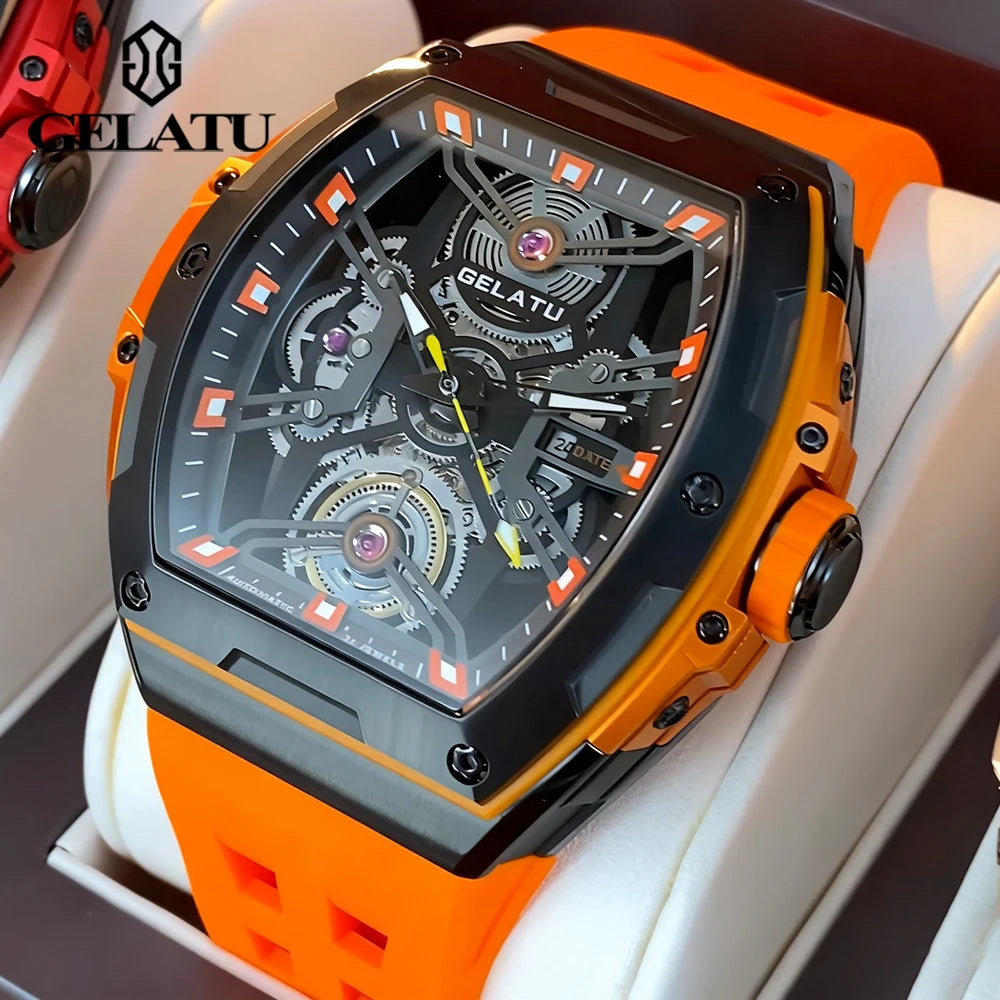 GELATU Men's Watches Trend Fashion Hollow Out Self-winding Automatic Mechanical Wristwatch Sapphire Mirror Waterproof Luminous