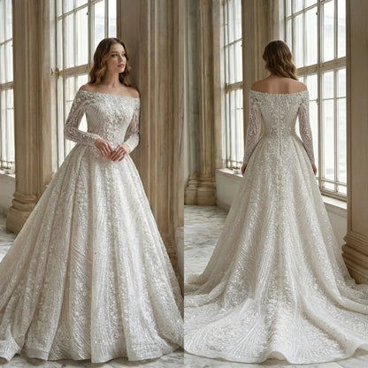 Custom Luxury Square Neck Long Sleeve Beaded Ball Gown Wedding Dress 2026 Cathedral Train Bridal Gown Plus Size Vestido De Novia
