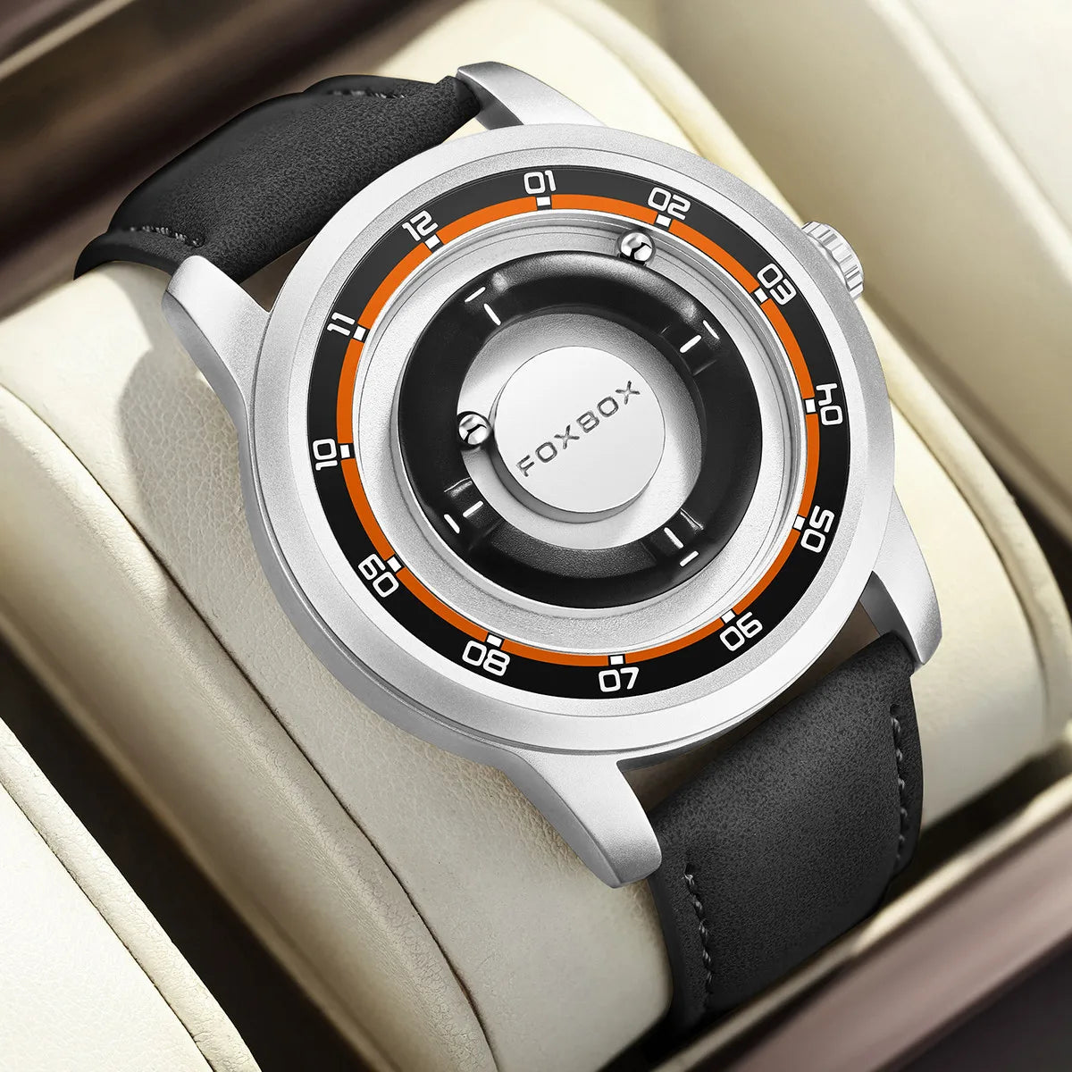 FOXBOX Magnetic Driven Watch Fashion Waterproof Quartz Wristwatch Rolling Steel Ball Pointer Sports Watches Military Clock+Box