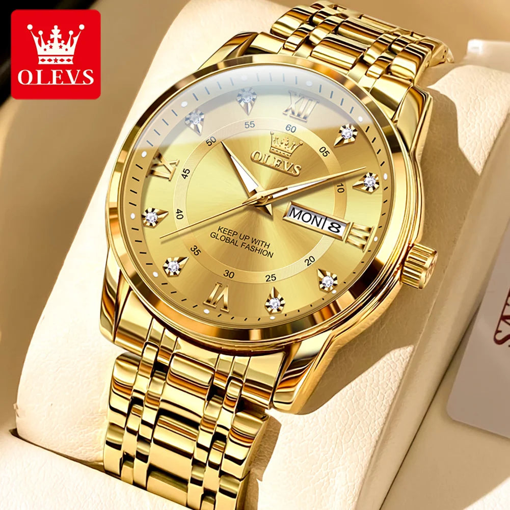 OLEVS Brand Fashion men's watches stainless steel waterproof Quartz wristwatch luminous Original watch for man Dual Calendar