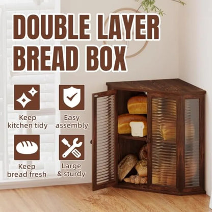 Corner bread box Bread Box for Kitchen Countertop - Corner Bread Storage Box 16.5" H, Premium Wood with Glass Door, Perfect for
