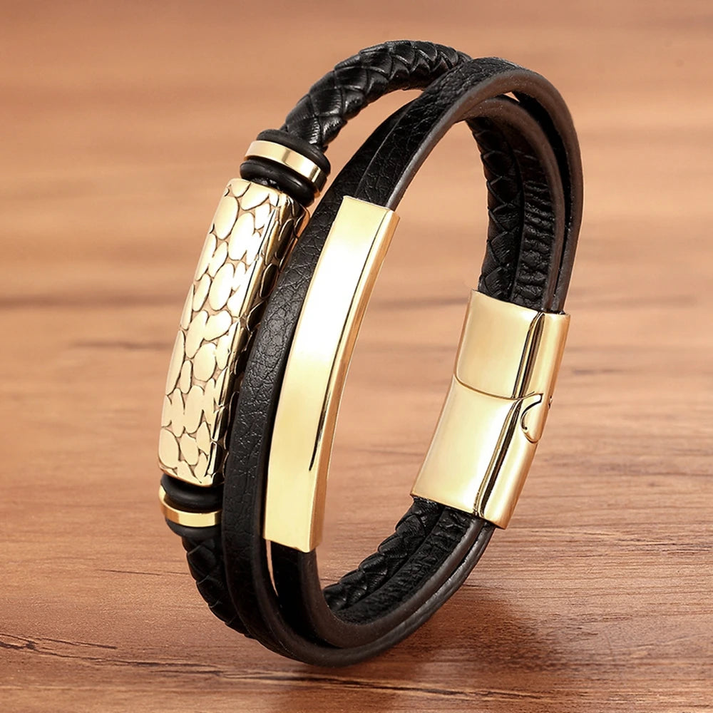 XQNI Luxury Vintage Multilayer Leather Men Bracelet Bead Bracelet Stainless Steel Charm Jewelry Male Wrist Bangle Birthday Gift