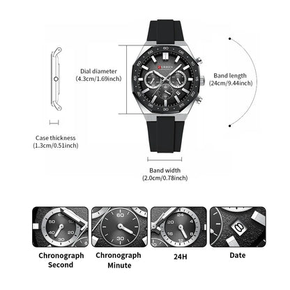 CURREN Fashion Casual Men Sports Watch Chronograph Silicone Belt Auto Date Dial Quartz Wristwatch Male Reloj Relogio Masculino
