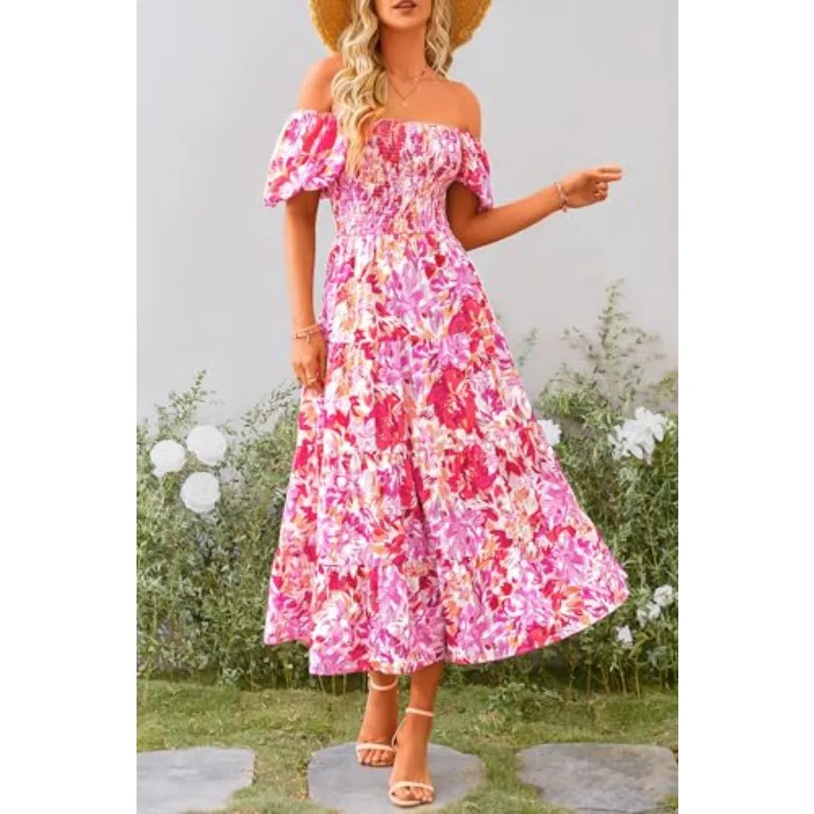 PRETTYGARDEN Women's Casual Summer Midi Dress Puffy Short Sleeve Square Neck Smocked Tie Ruffle Dresses