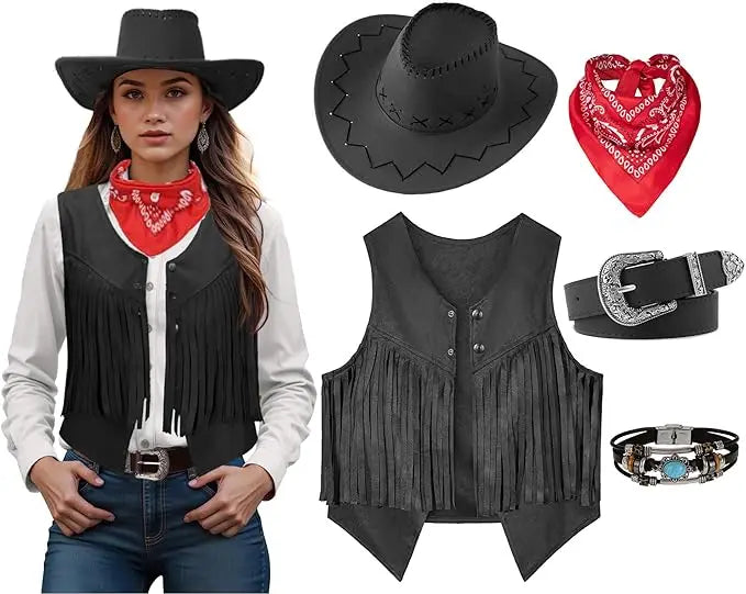Women Men Cowgirl Costume Western Vest Hat Belt Bandana Set for Cowboy Tassels Fringe Vest Halloween Outfits Wild West Cosplay