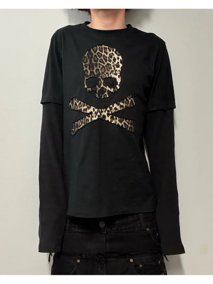 2026 new American retro camouflage skeleton fake two-piece spliced long sleeved top punk street trend fashion versatile niche