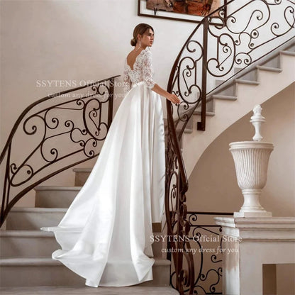 SSYTENS Customized Elegant Women's V-Neck Wedding Dressees Lace Applique Long Sleeved Elegant A-Line Bridal Gowns Formal Party